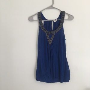 Blue tank top.